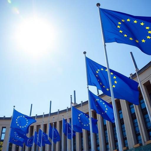 Bandiere dell'Unione Europea che sventolano davanti al Parlamento Europeo
