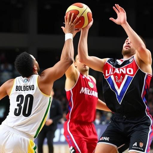 Giocatori di Milano e Virtus Bologna durante una partita di basket