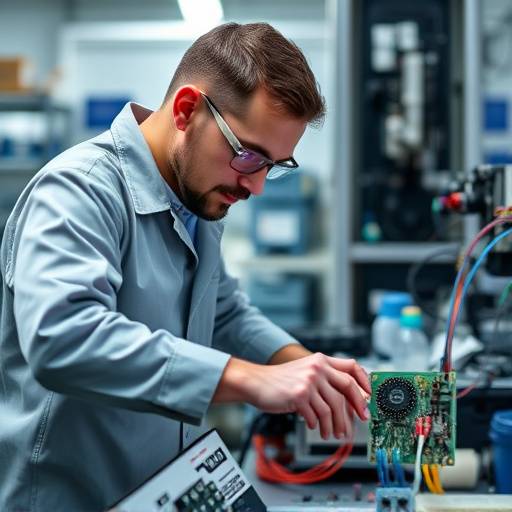 Un ingegnere che lavora su un circuito elettronico in un laboratorio